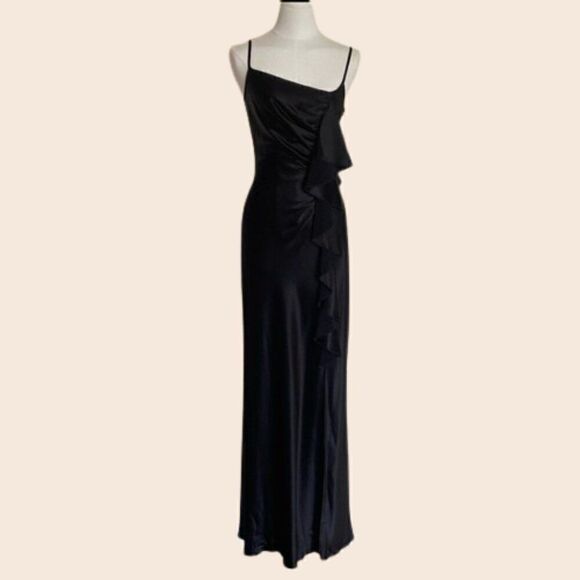 ABS Allen Schwartz Black Asymmetrical Ruffle Gown Size 4 - Picture 1 of 12
